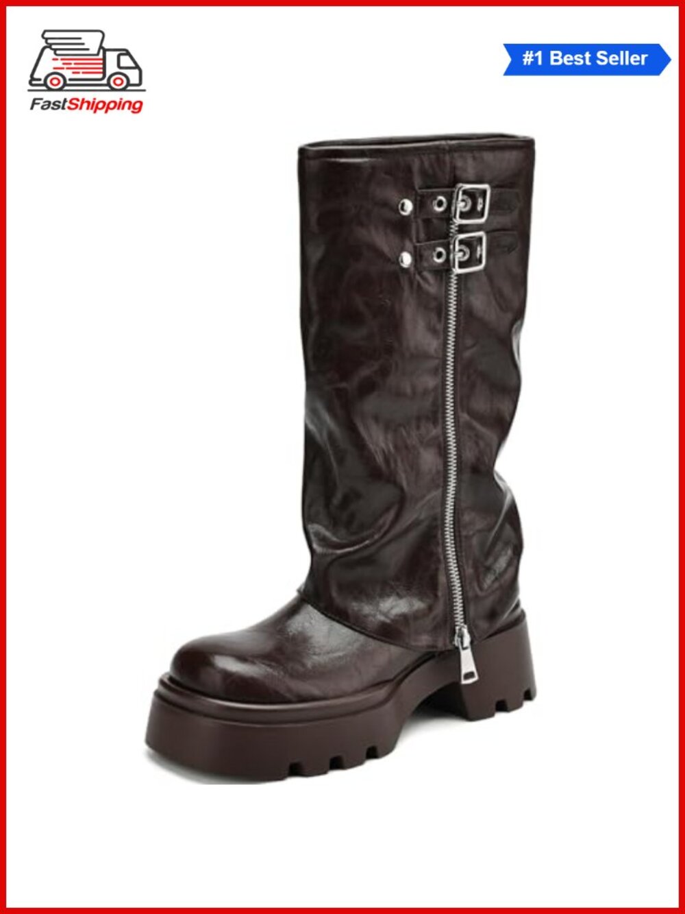 ✨ Women's Knee High Moto Riding Boots Faux Leather Fold Over Block Heel